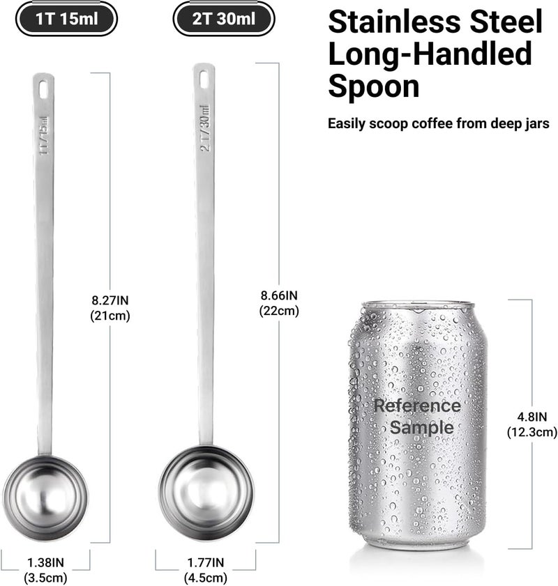 LimeFlex 2PCS Coffee Scoop Set,1 Tbsp (15ml) & 2 Tbsp (30ml) Coffee Measuring Spoons,for measuring ground coffee, protein powder, tea,Silver long-handled measuring spoon,for deep jars,coffee bags. - Image 2